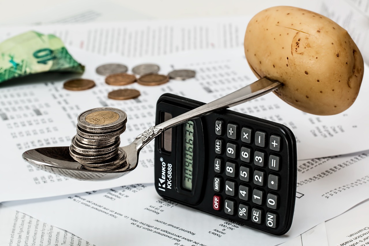 ziemniak i monety na łyżeczce podpartej kalkulatorem