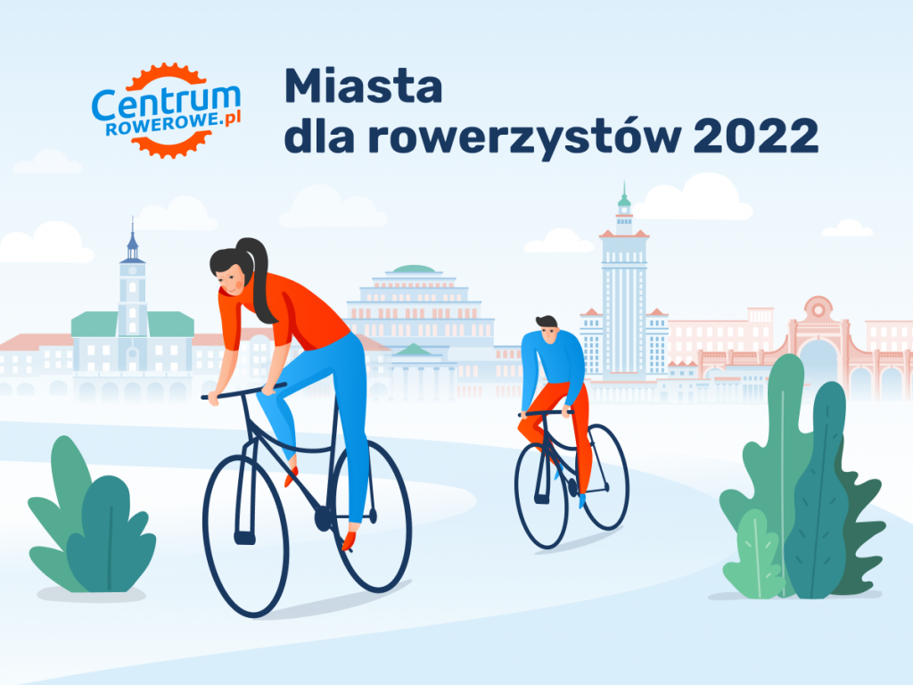 ilustracja dwoje rowerzystów, logotyp centrum rowerowe