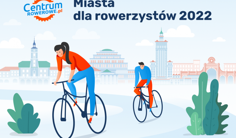 ilustracja dwoje rowerzystów, logotyp centrum rowerowe