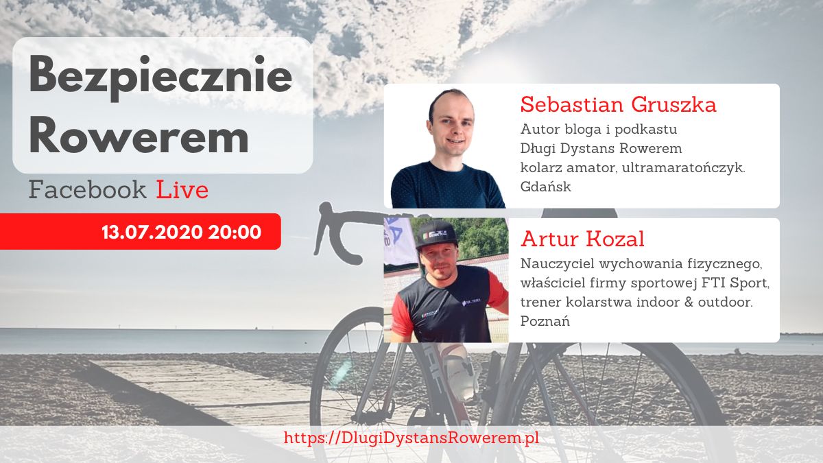 infografika Bezpiecznie Rowerem Facebook live 13 lipca 2020, zdjęcia portretowe Sebastian Gruszka i Artur Kozal